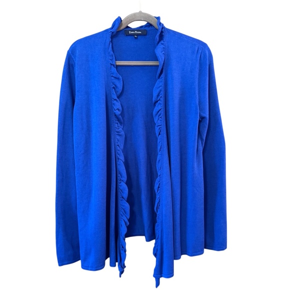 Evan Picone Women’s Large Royal Blue Open Front Cardigan Ruffle Trim Cotton Mix - Picture 1 of 3